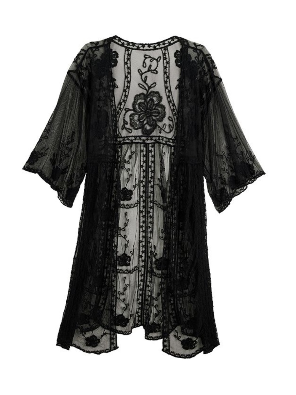 Black Embroidered Lace Duster Kimono Sheer Boho Cardigan - Lauren Conrad